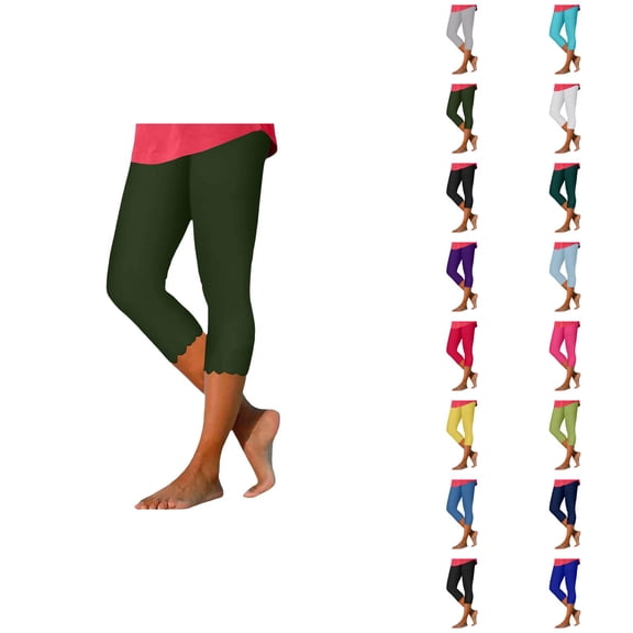 Capri Leggings for Women Summer Casual Elastic High Waist Wave Hem Workout Yoga Cropped Capris Pants