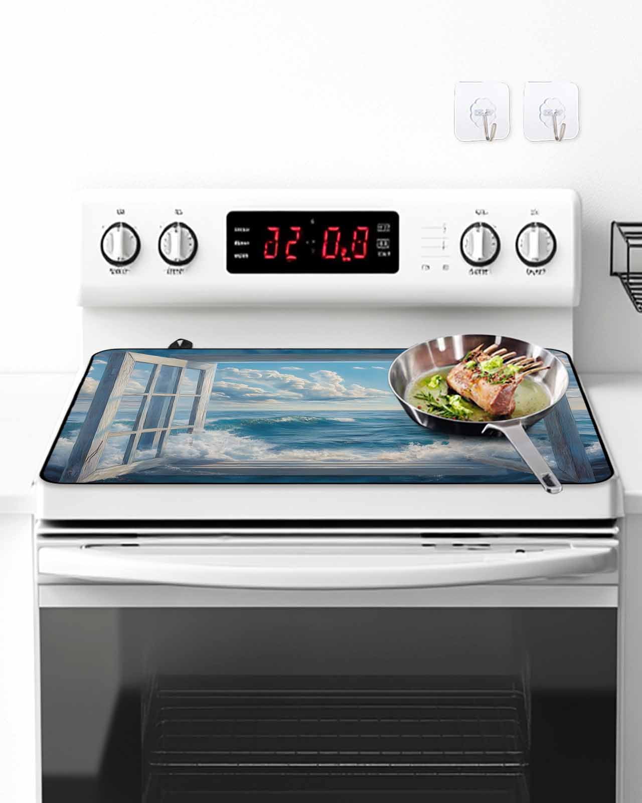 Stove Top Covers for Electric Stove, Coastal Glass Stovetop Cover Protector, Window Nautical Beach Blue Seaside Induction Cooktop Protector Oven Mat for Kitchen Countertop 24"x21"