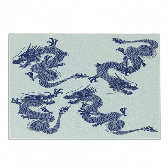 Dragon Cutting Board, Indigenous Japanese Dragons White Background Vitality Creatures Myth Print, Decorative Tempered Glass Cutting and Serving Board, Small Size, Blue, by Ambesonne