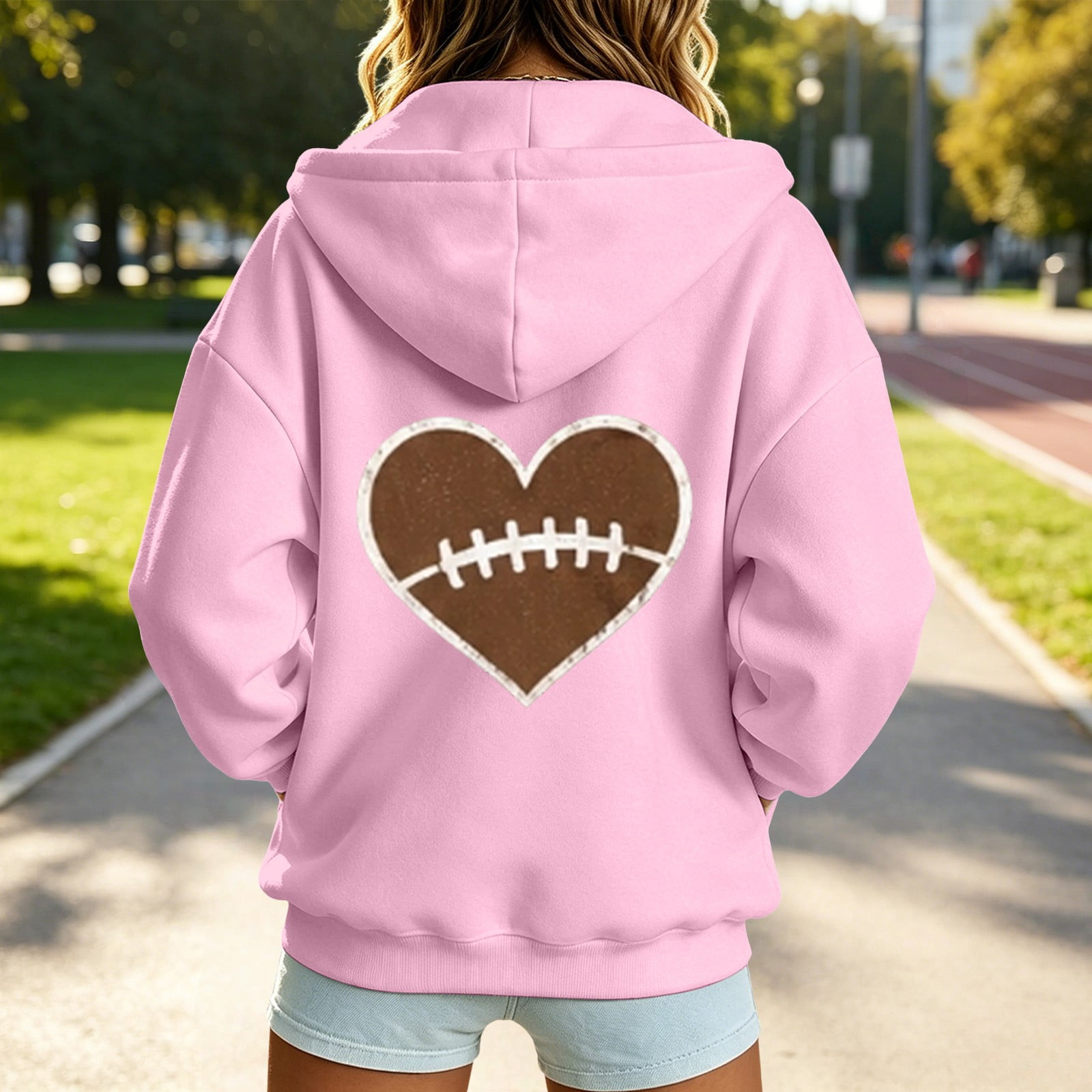 Football Sweatshirts for Women Game Day Rugby Shirt with Drawstring Fall Fashion Gift Cozy Outfits Soccer Tops Long Sleeve Heart Graphic Shirts Workout Baggy Hoodie with Pockets Fall Outfits Pink