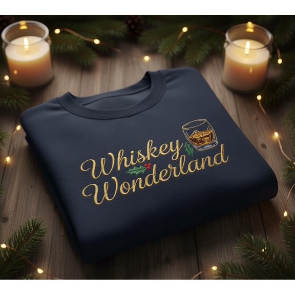 Whiskey Wonderland Embroidered Sweatshirt – Christmas Whiskey Lover Crewneck – Festive Holiday Drinks Gift