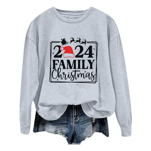 WEAIXIMIUNG Chandails à Col Rond pour Femmes Graphiques Automne Noël Surdimensionnés Chandails à Manches Longues pour Femmes à Col Rond Imprimé Lettres Chandails Légers Amples Blouse Haut