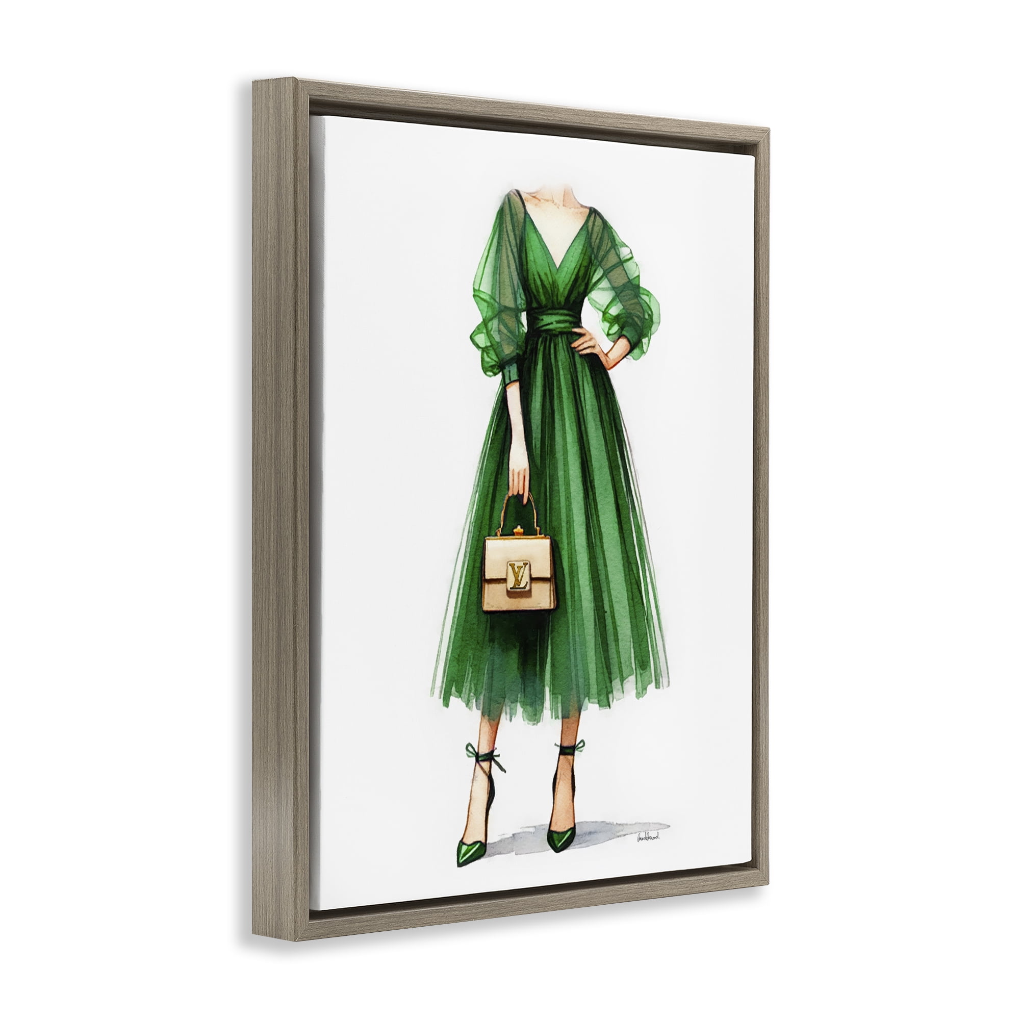 Stupell Industries Green Gown Fashion Girl Fashion Painting Brown Floater Framed Canvas Art Print Wall Art, 17 x 21