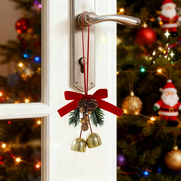 Adorno Colgante de Campanas Navideñas con Lazo de Terciopelo Rojo de Hierro, Decoración Navideña de 30 X 23 Cm | Cortina Festiva para Ventana | Decoración Colgante para Árbol de Navidad, Regalo para