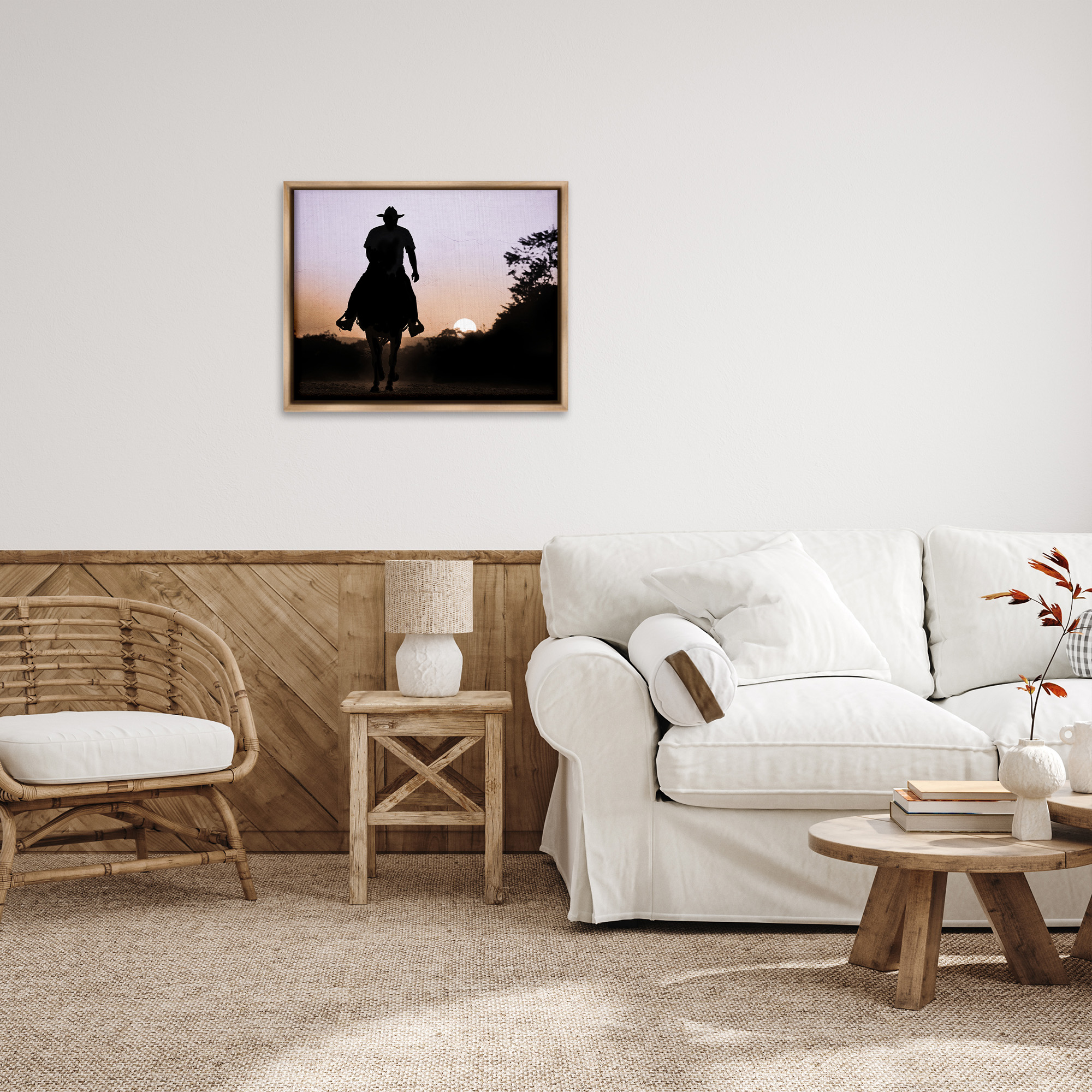 Stupell Industries Cowboy & Setting Sun Landscape Photography Brown Floater Framed Canvas Art Print Wall Art, 31 x 25