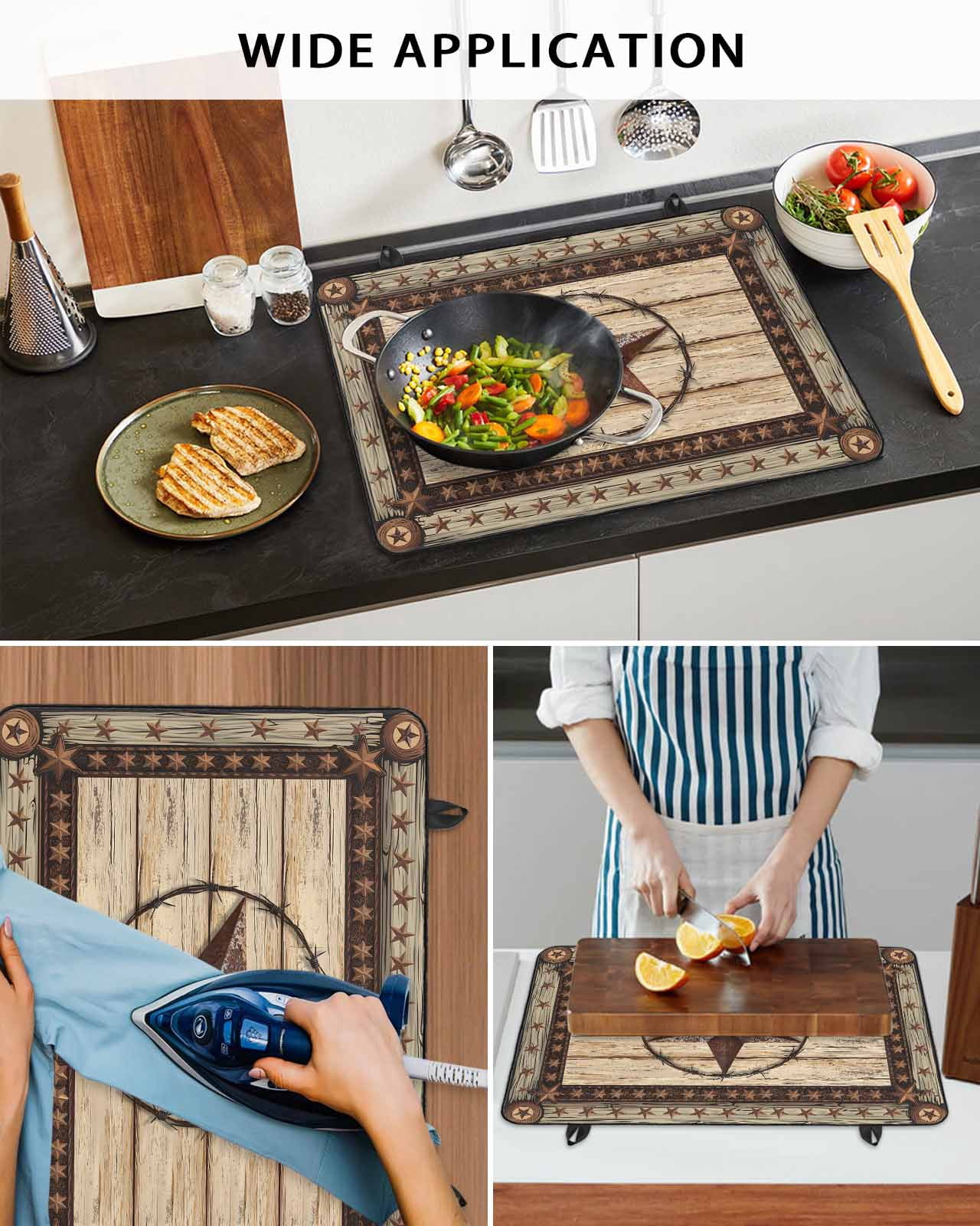 nqOlkjepod Large Induction Cooktop Protector Mat 24"x21", Texas Star Brown Stove Top Covers for Electric Stove, Country Star Rustic Vintage Wooden Stove Burner Cover Mats, Glass Top Stove Cover