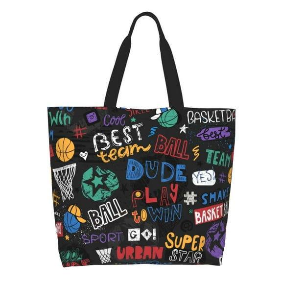 Pofeuu Basketball Print Reusable Grocery Bags - Washable, Foldable, Packable Tote, Large Handles, Heavy Duty, Zippered Top Pouch