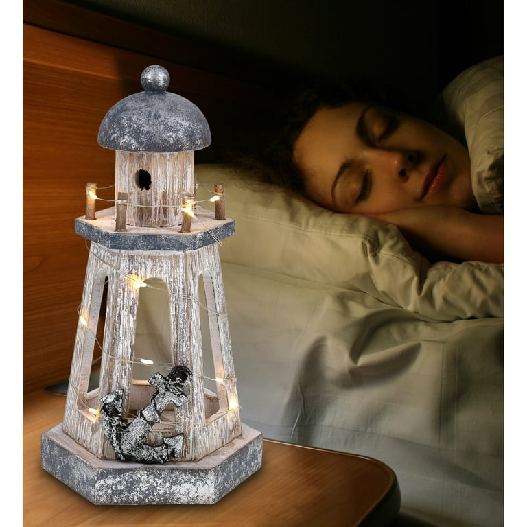 CoTa Global Silver Sea Nautical Wooden Lantern Lighthouse With LED Lights -  Table Top Centerpiece Coastal Decor For Home, Beach House, Rustic