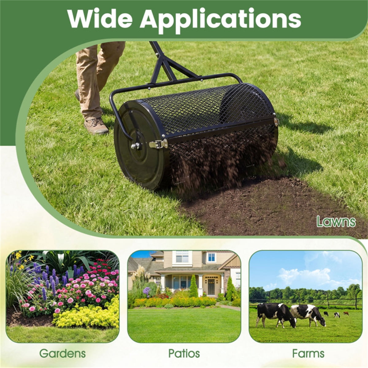24" Lawn Topdressing Spreader with 0.75"×0.5" Mesh 2.7 Cu.ft Capacity Compost Spreader for Soil Sand Fertilizer Height-Adjustable Handle (Black)