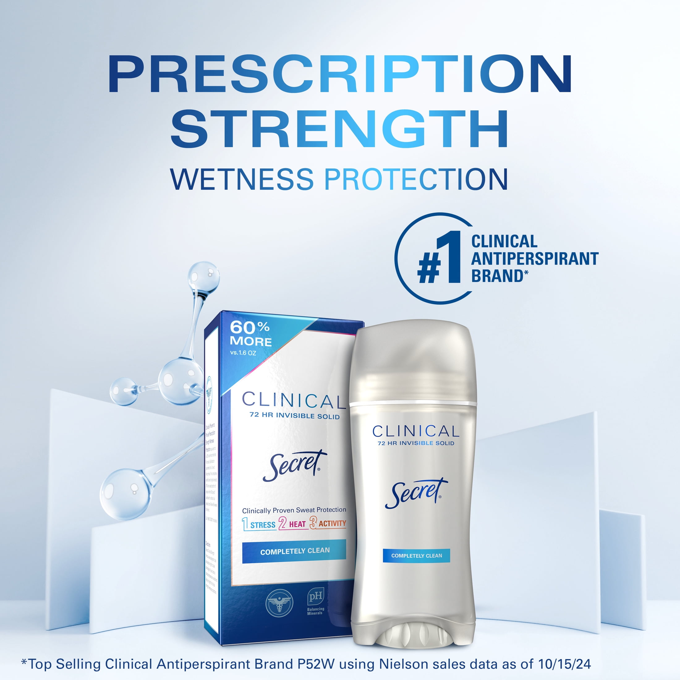 Secret Clinical Strength Invisible Solid Antiperspirant and Deodorant for Women, Completely Clean, 2.6 oz Pack of 3
