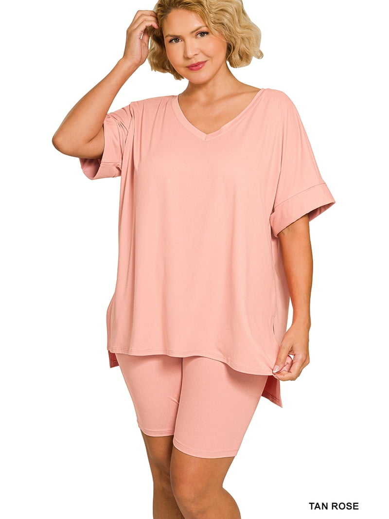 Zenana Women's Brushed DTY Microfier V-Neck Short Sleeve Hi-Low