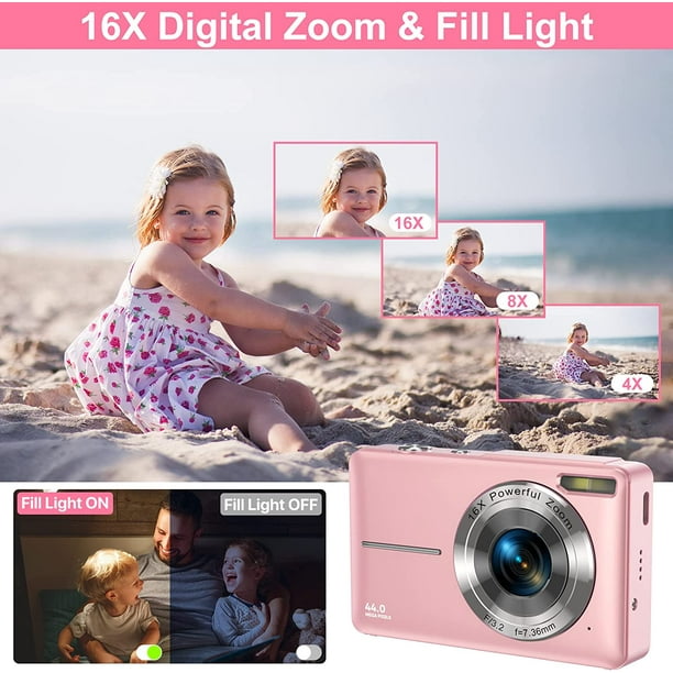 Appareil photo numérique 1080P pour enfant FHD Caméra de vlogging 44MP  Appareil photo compact portable avec écran LCD 16X zoom numérique et 1  batterie pour adolescents, filles, garçons - couleur : rose (