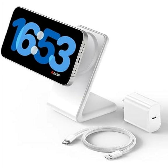 Mag-Safe Charger Stand for iPhone 16 (with 20W Adapter, 5Ft Cable), Magnetic Wireless Charger with Fast Charging Capability for iPhone 15/14/13/12 Series - White