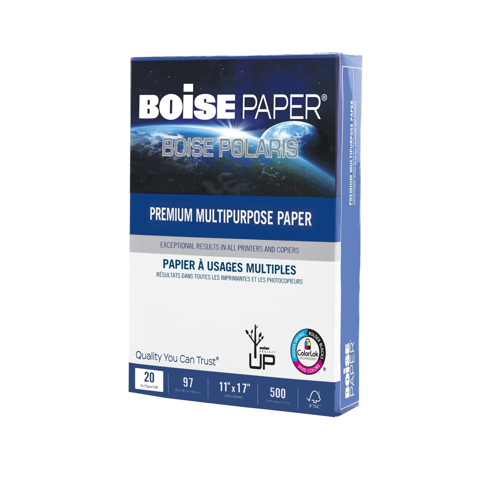 BOISE POLARIS Premium Multipurpose Copy Paper, 11" x 17" Ledger, 97 Bright White, 20 lb., 5 Ream Carton (2,500 Sheets)