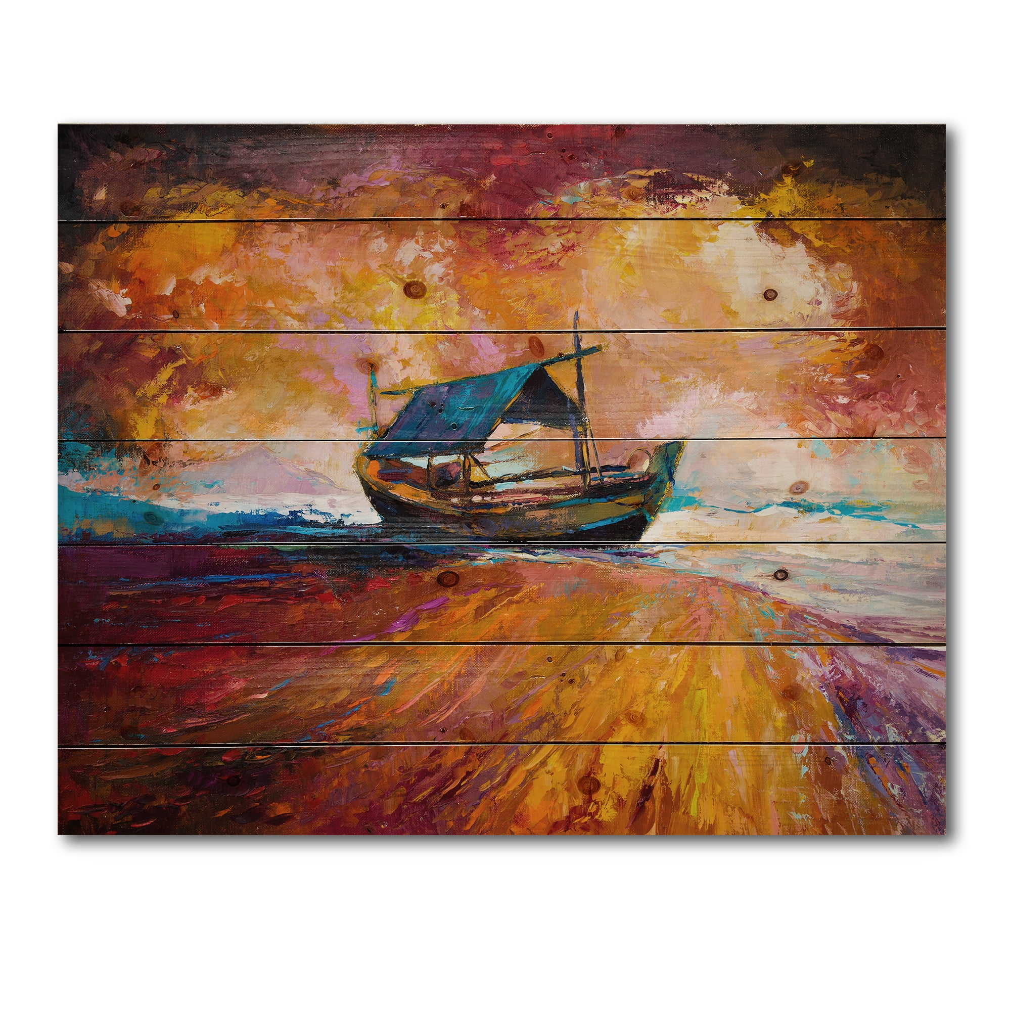 Designart 'Traditional Fisherboat During Ocean Evening Glow' Nautical & Coastal Print on Natural Pine Wood