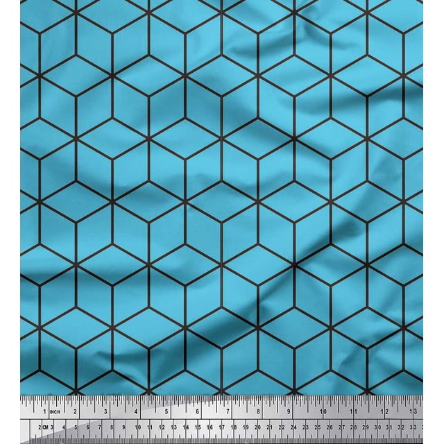 Soimoi Blue Modal Satin Fabric Maze Cube Geometric Printed Fabric 1 Yard 42 Inch Wide