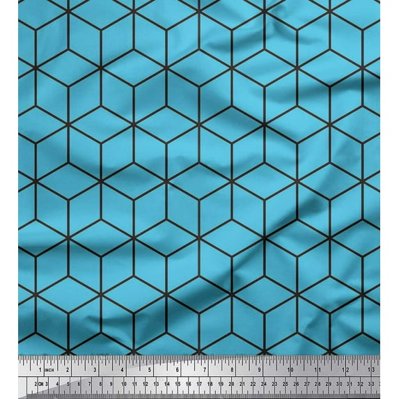 Soimoi Blue Modal Satin Fabric Maze Cube Geometric Printed Fabric 1 Yard 42 Inch Wide