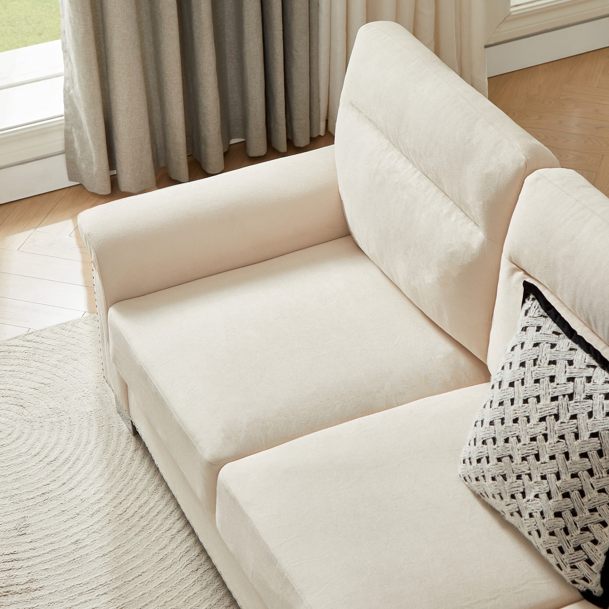 DEALTOPS 82" Modern Ice & Snow Velvet 3-Seater Sofa — Living Room Couch with Rolled Arms & Nailheads, Beige