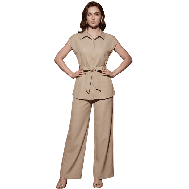 Conjunto 2 Piezas, Blusa Estilizada con Cinturón y Pantalón Fluido, Outfit Moderno y Sofisticado para Mujer