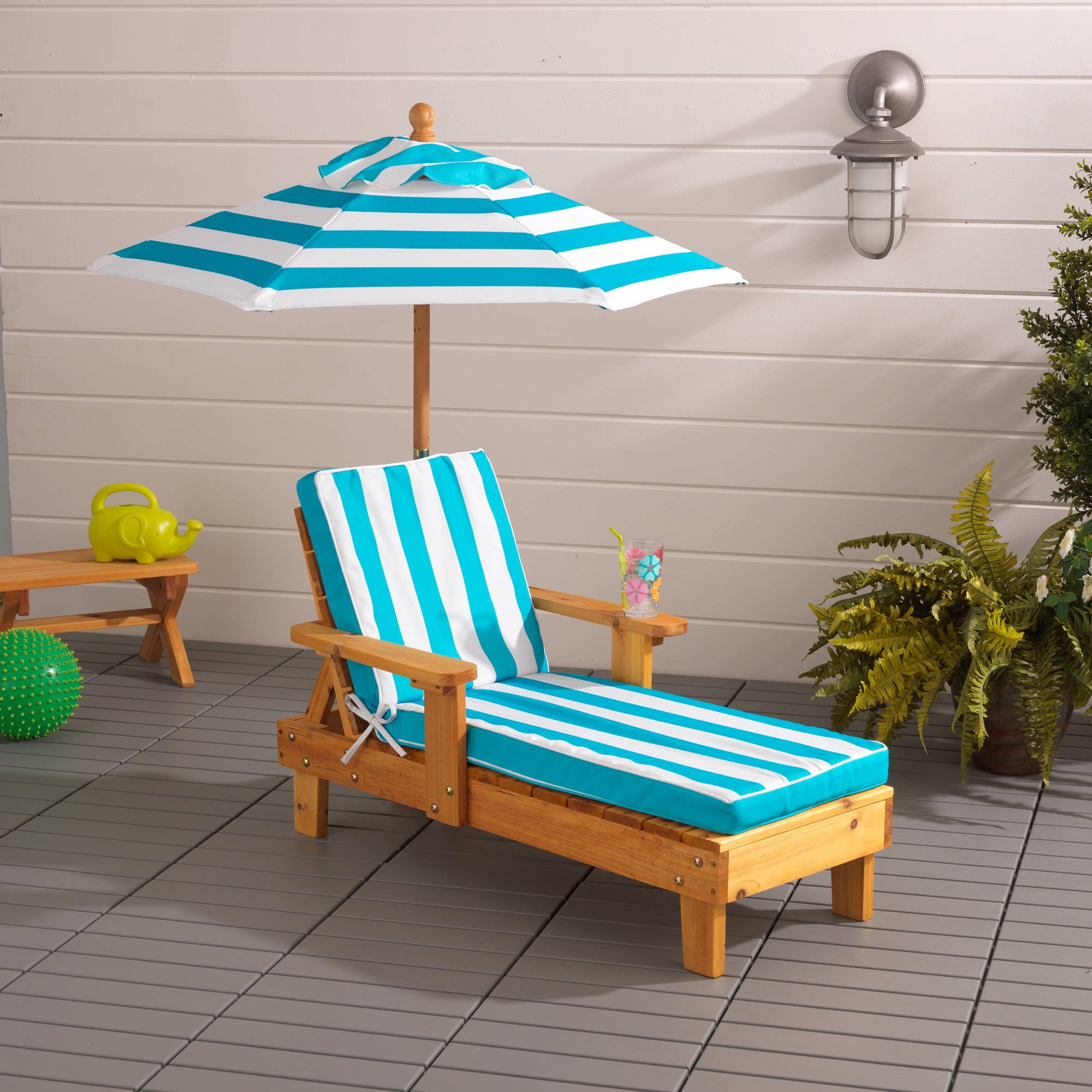 Kids Outdoor Chaise w/ Umbrella poolside Furniture Outdoor Garden Chair Striped 