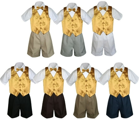 

4pc Set Boy Toddler Formal Gold Vest and Bow tie White Navy Khaki Shorts S-4T