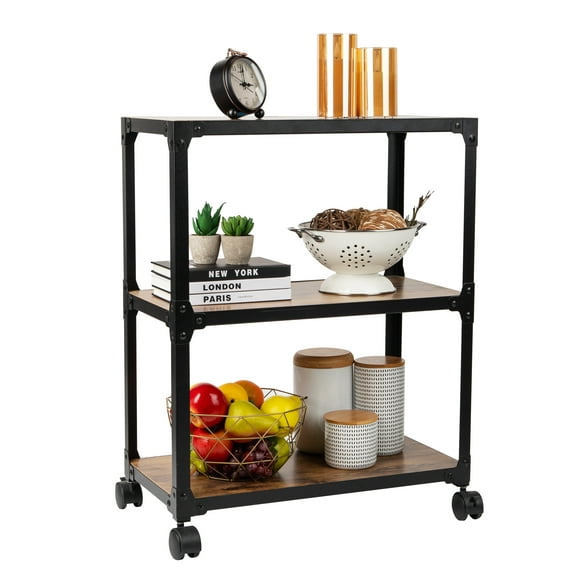 Mind Reader 3-Tier Rolling Bar Cart, Microwave Stand, Wood Metal, 23"L x 12"W x 29.5"H, Brown
