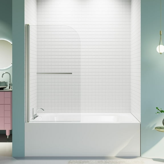 BARONAGE 31" W x 55" H Frameless Bathtub Shower Door, Fixed Bathtub Screen Shower Door with 1/4" (6mm) Tempered Glass, 180° Rotatable Tub Glass Panel Door, Brushed Nickel