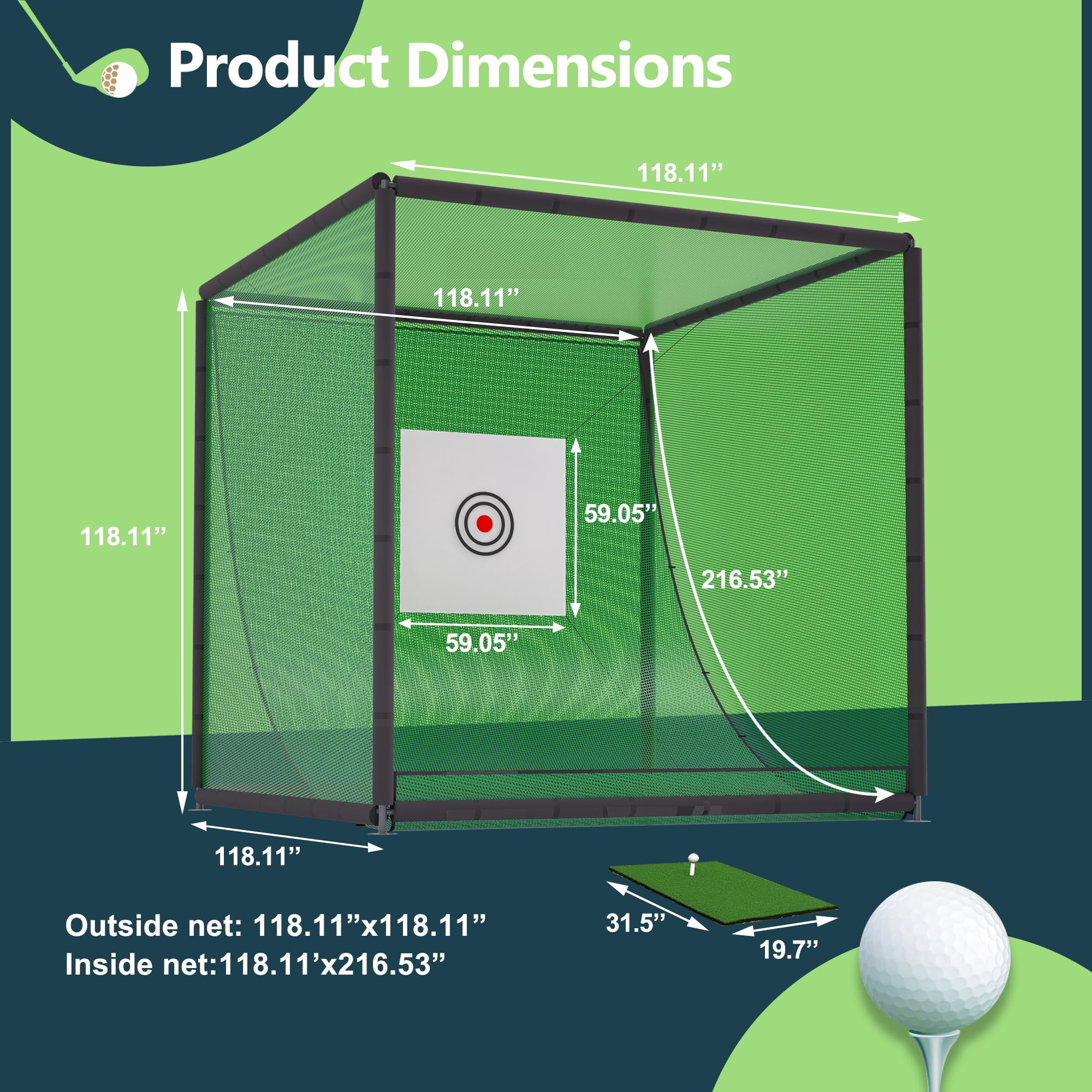 Miniyam 10 x 10 x 10 ft Golf Practice Net Cage – Heavy-Duty Metal Frame Hitting Net Kit, for Backyard, Indoor Training & Golf Simulator Setup