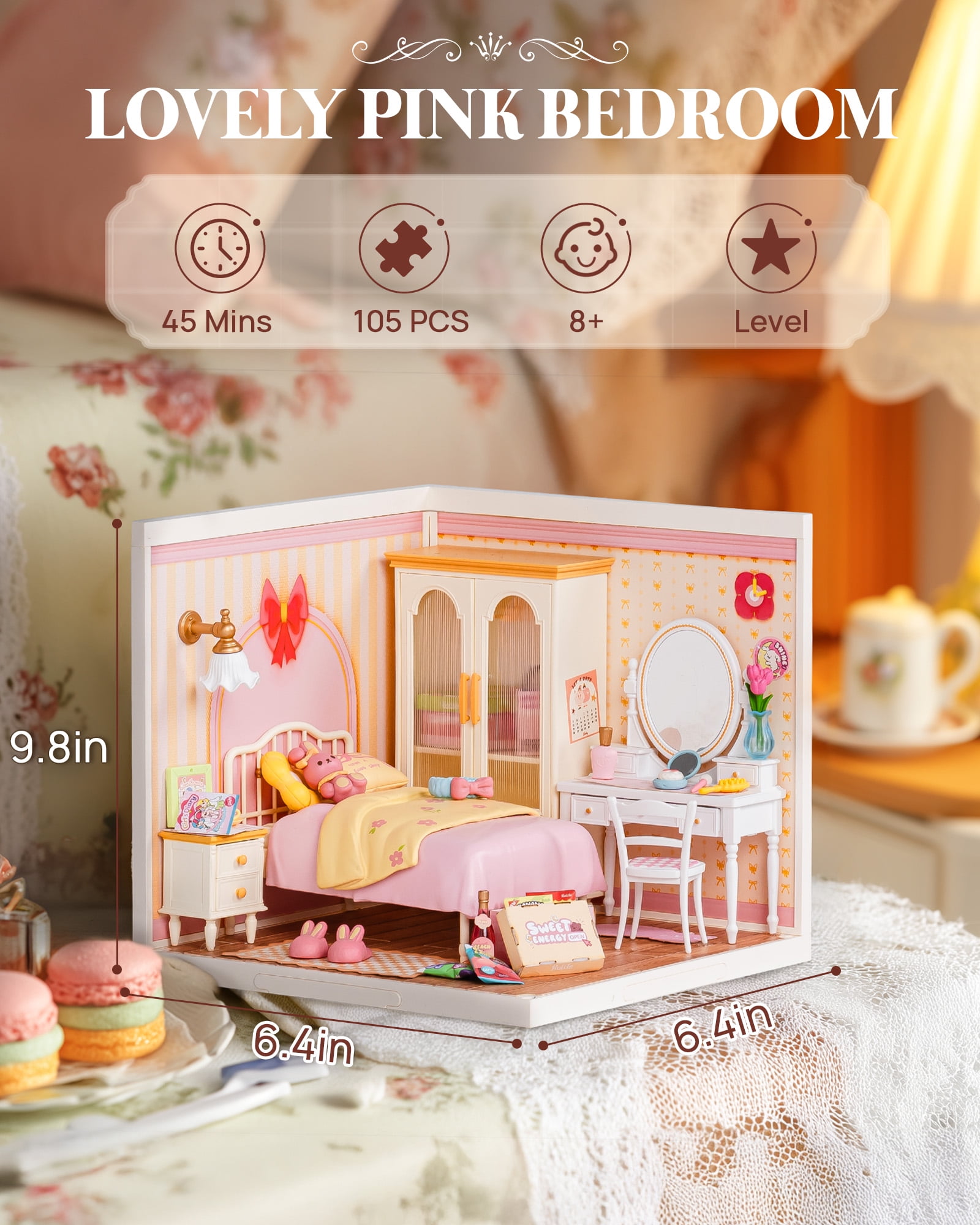 ROBOTIME Super Creator DIY Miniature House Kit,Tiny Home Craft Kits with LED,Mini Dollhouse Building Set,Gifts for Teens Adults(Lovely Pink Bedroom)