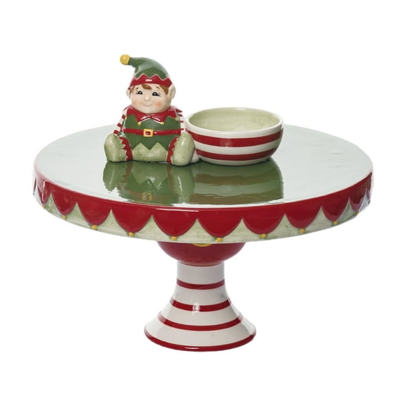 Transpac 12.25 in Holiday Santa Elf Pedestal Dip Bowl Set of 2 Serving Trays Dolomite Christmas Decor