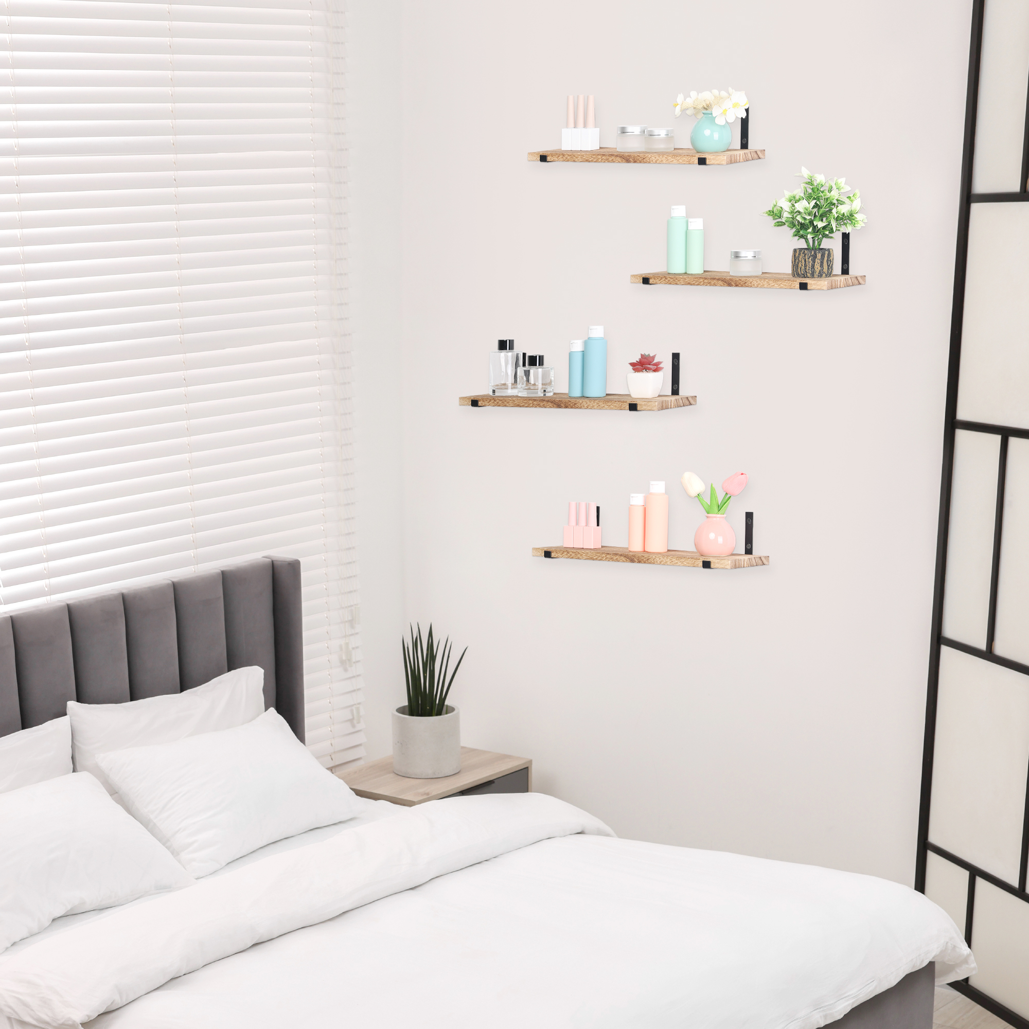 REGALWOVEN Wood Floating Shelves Set of 4, Wall Mounted Shelves for Bedroom and Kitchen Wall Decor Brown 16.5*6.7in