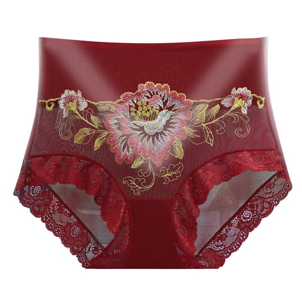 Gibobby Panty Microfibra con Encaje Ropa interior elástica cintura para mujer, bragas suaves altas, bragas sexis encaje flores para mujer, Bikini bordado, bragas para mujer(Vino, L)
