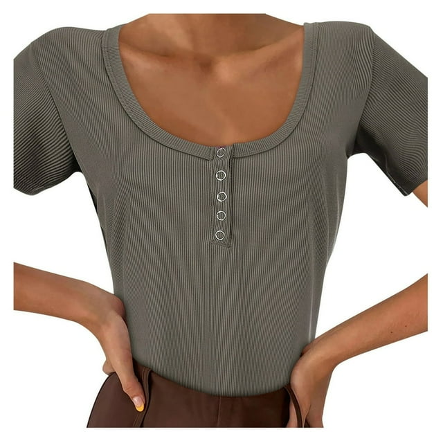 Short Sleeve T Shirt Womens Solid Color Womens Basic Sexy Low Cut Button Down Tight Slim Fitted Tee Tops T Shirts