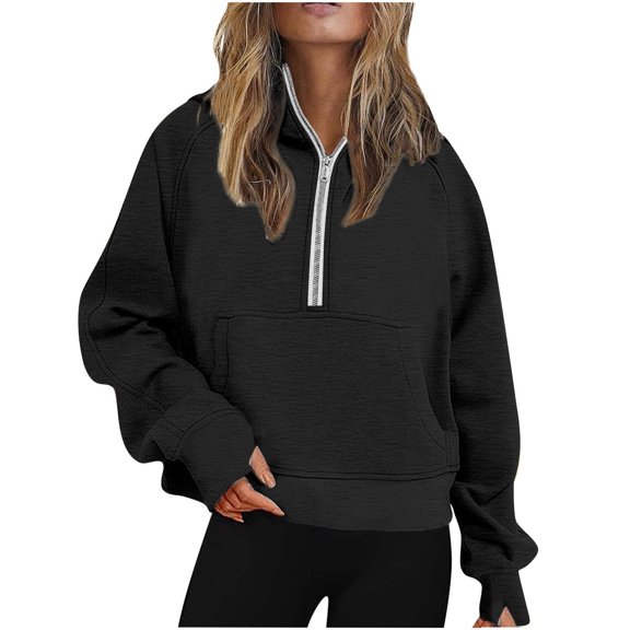Puliio Womens Zipper Hoodless Sweatshirts Solid Color Long Sleeve Half Zip Cropped Pullover Jacket Loose Minimalist Fall Clothes Casual No Hood Sweatshirts With Pocket