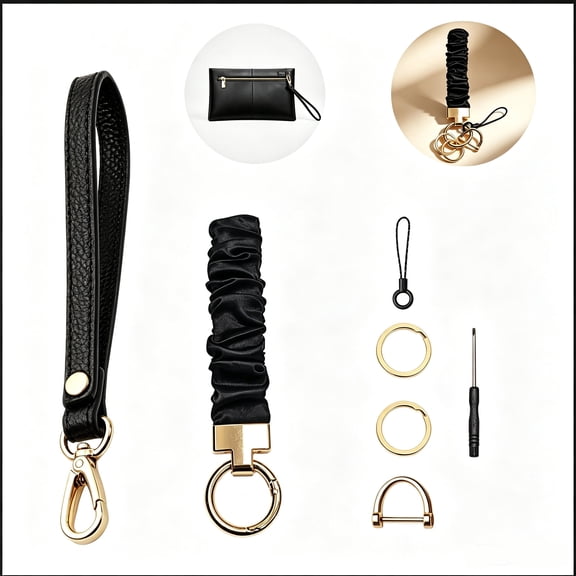2 Pack Wrist Strap Set, PU Leather Hand Wrist Lanyard & Pleated Fabric Keychain Wristlet with Hardware Accessories, Detachable Handbag Clutch Wrist Straps for Purse, Wallet, Keys