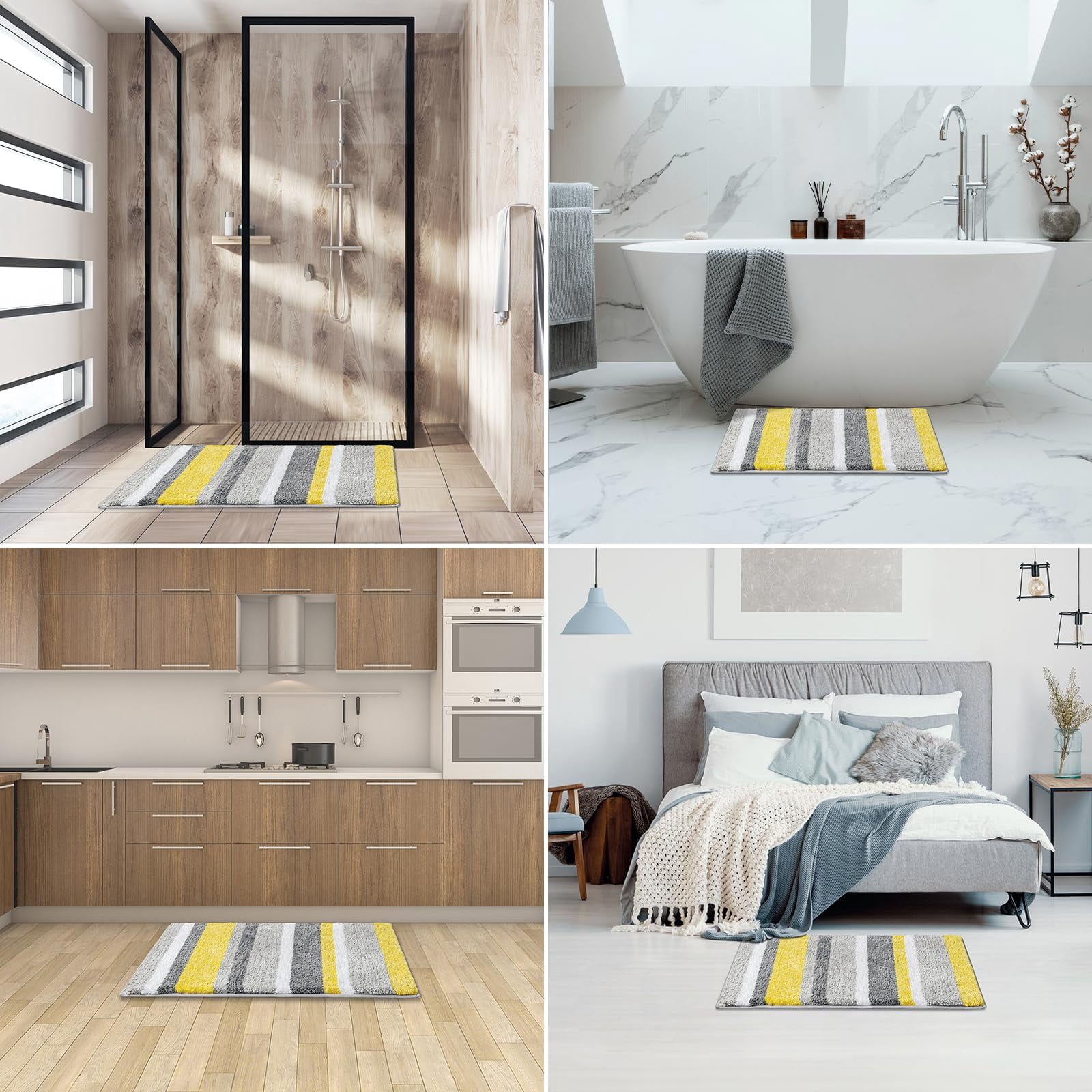 qtess Fluffy Bathroom Rugs Bath Mats Rugs Microfiber Striped Shower Rug Absorbent, Soft and Plush Machine Washable Non Slip Carpet Quick Dry for Bathroom Floor Tub, 16x24 Inch, Yellow-Grey