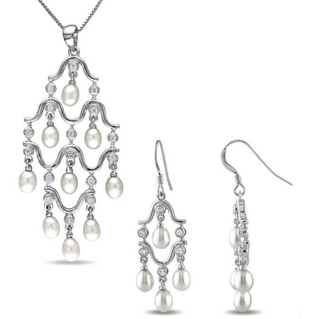 Miabella 4-4.5mm White Cultured Freshwater Pearl and 4/5 Carat T.G.W. CZ Sterling Silver Set of Chandelier Earrings and Pendant, 17