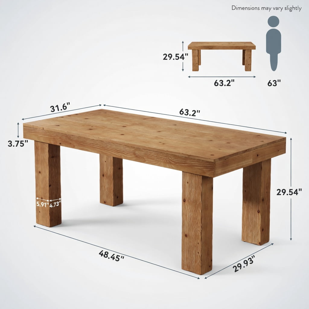 Hommoo 63 Inch Solid Wood Farmhouse Dining Table, Rustic Kitchen Table for 4-6 People, Heavy-Duty Wooden Legs, Waterproof Finish, Easy Assembly, Natural