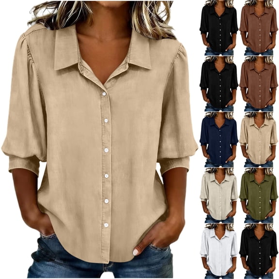 GERsome Women's 3/4 Sleeve T-Shirts Button Down V-Neck Loose Fit Summer Fall Casual Collared Shirts Khaki L