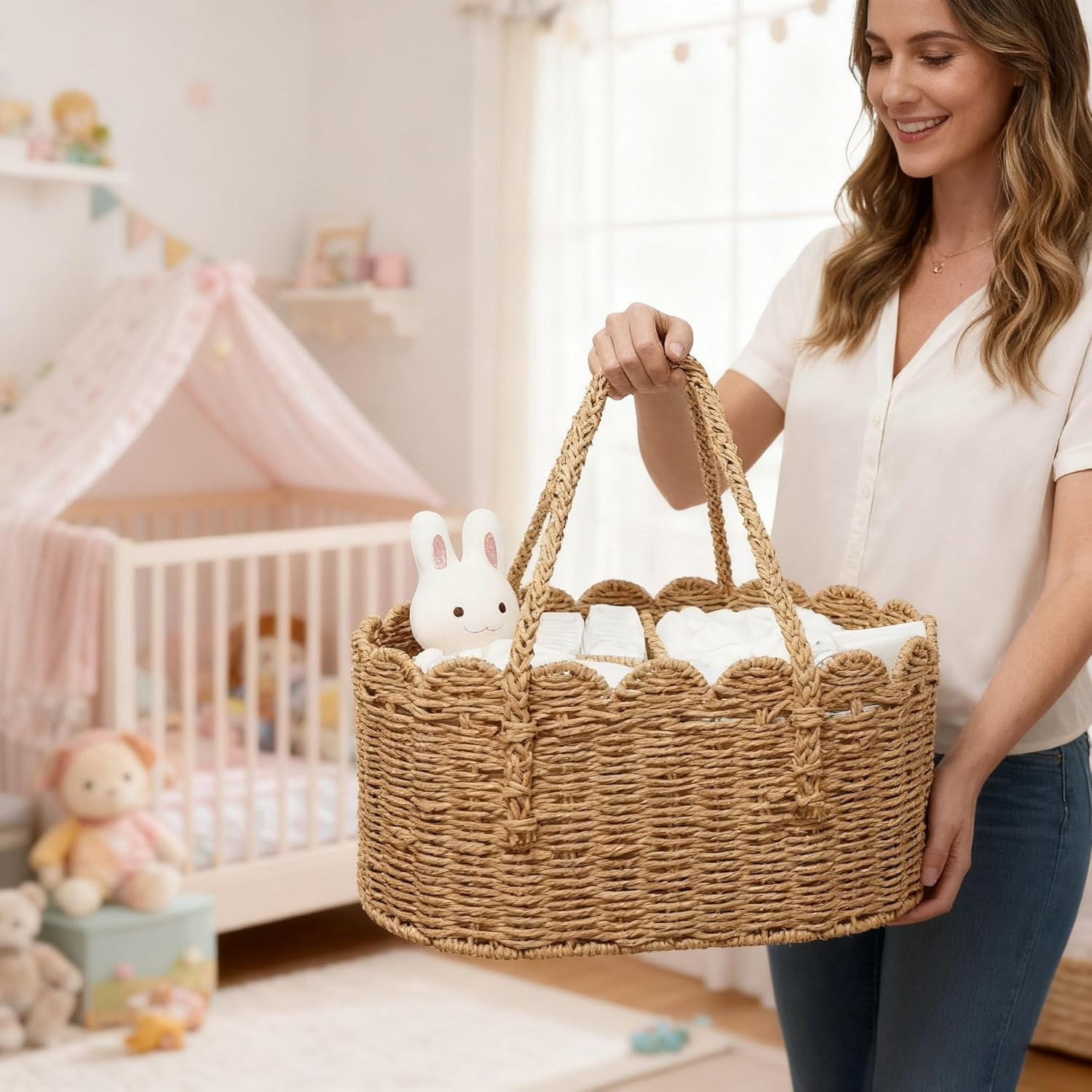 2026 Rattan Diaper Caddy Organizer, Woven Paper Rope Storage Rattan Baskets with Removable Divider, Portable Car Organizer for Diapers, Shower Gifts, Essentials Must Haves
