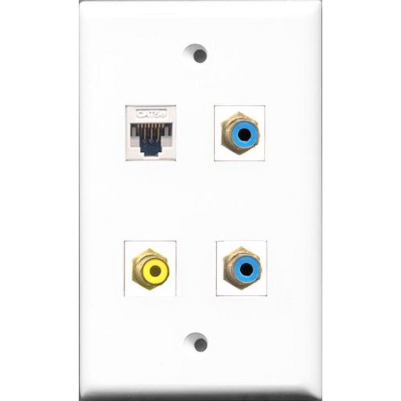 RiteAV 1 Port RCA Yellow 2 Port RCA Blue and 1 Port Cat5e Ethernet White Wall Plate