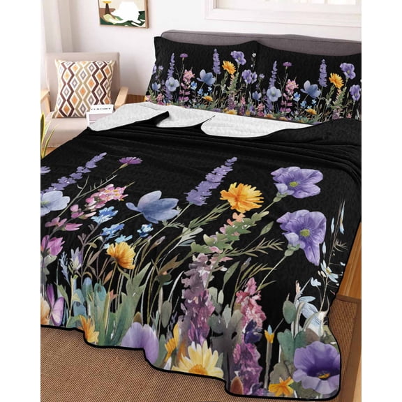 Spring Floral King Size Down Alternative Comforter, Lightweight Comforter Quilt Bedding Set with Pillow Shams Summer Botanical Elegant Black All Seasons Bed Comforter Duvet Insert 96"x106"
