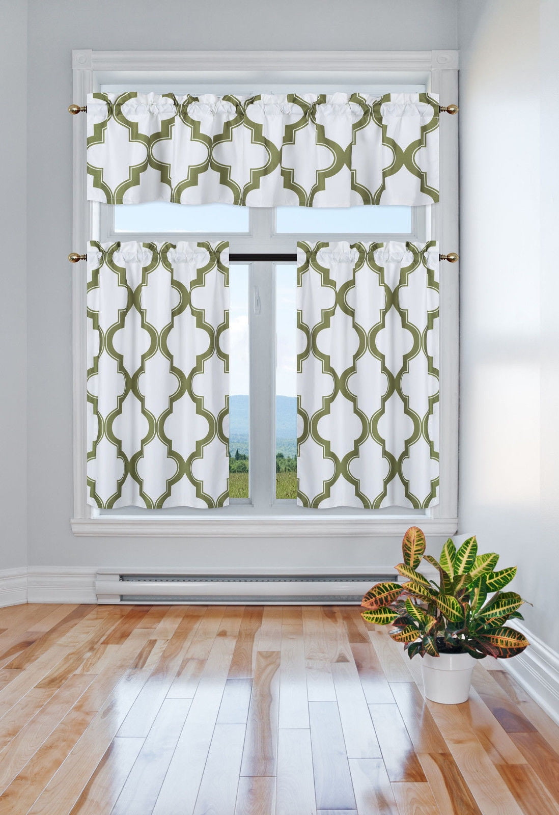 3Piece 7LO Lime Green Blackout Rod Pocket Kitchen Curtain Set, Two (2