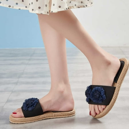 

Shldybc Women s Flat Slide Sandals Open Toe Summer Shoes Slip On Slippers Navy Blue Flower Flat Beach Sandals on Clearance