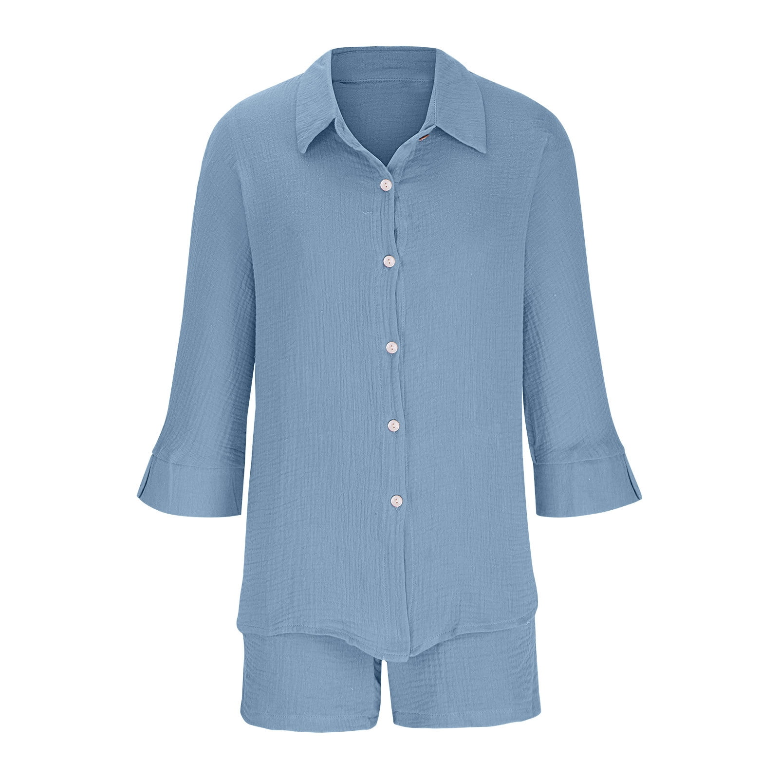 PENGXIANG Ensemble Plissé 2 Pcs Pour Femmes Chemise Surdimensionnée à Manches Longues + Shorts à Cordon Vêtements De Détente Vêtements De Plage