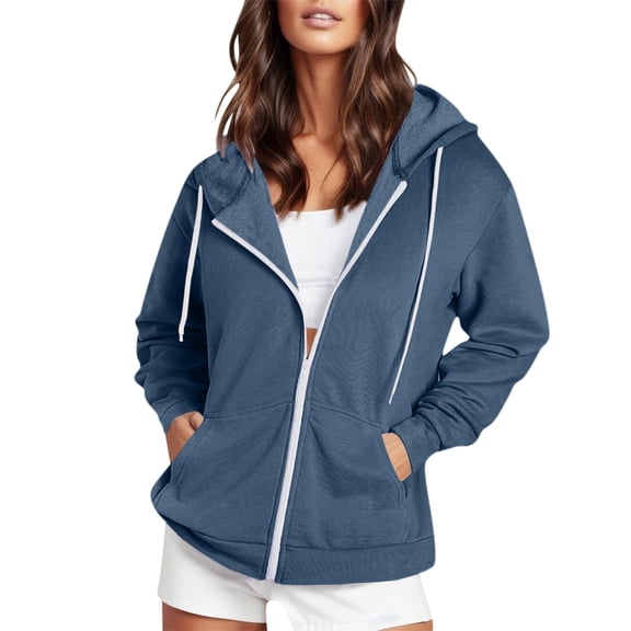 eczipvz Women's Full Zip Up Hoodie Casual Long Sleeve Hooded Sweatshirts Pockets Jacket Fall Fleece Y3K Tops Oversized Coat for Women Blue,2XL