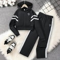 thumbnail image 2 of CUZIBR Girls Outfits Sweatshirt Suit Hoodie Long Sleeve Pullover Matching Trousers Color Block Letter Print Sport Sets Fall Winter Girls Outfits,Black,15-16 Years, 2 of 7