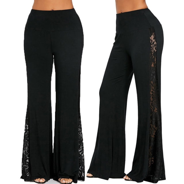 ICHUANYI Clearance Fashion Womens High Waist Lace Insert Wide Leg Pants Leggings Loose Trousers(Black, M) ICHUANYI WER2023081203734