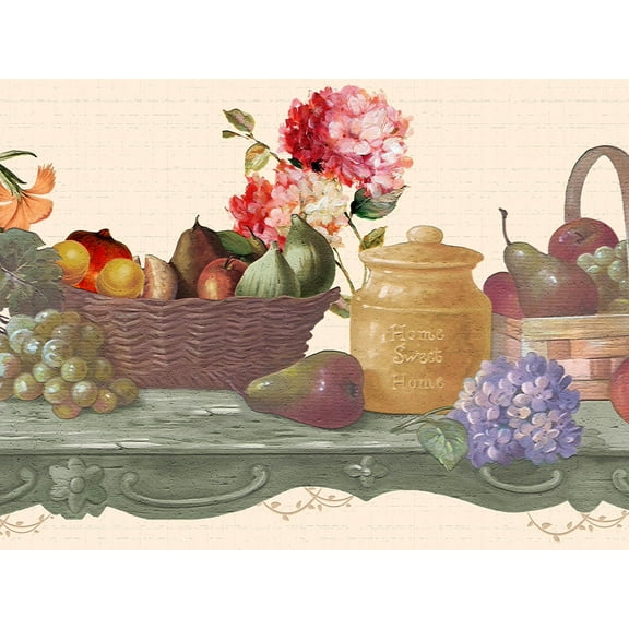 Dundee Deco's Peel and Stick Wallpaper Border - Nature Green Orange Red Fruit Basket Wall Border Retro Design, 15 ft x 7 in, Self Adhesive
