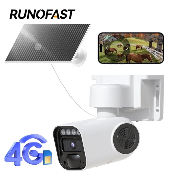 Runofast 4G LTE Cellular Solar Security Cameras Wireless Outdoor, No WiFi Security Camera Built-in Virtual SIM Card, PTZ Solar Powered, AI Detection